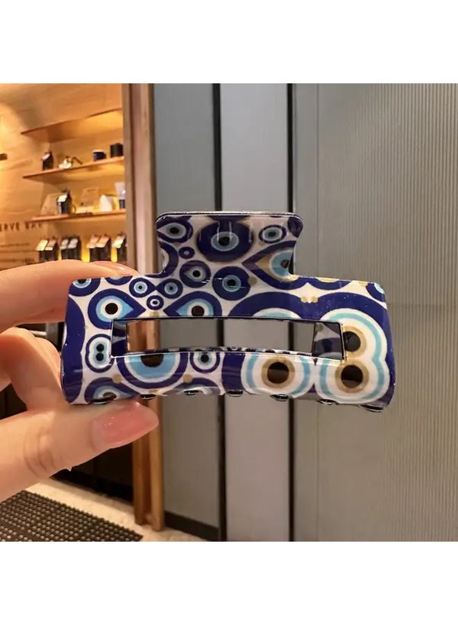 Evil Eye Print PVC Hair Clip Blue White Rectangular Hair Accessory For Women Teens - Image 1
